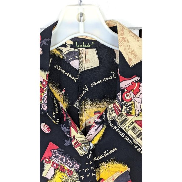 Loco Wido black sheer California beach summer vacation retro print blouse medium - Picture 4 of 9